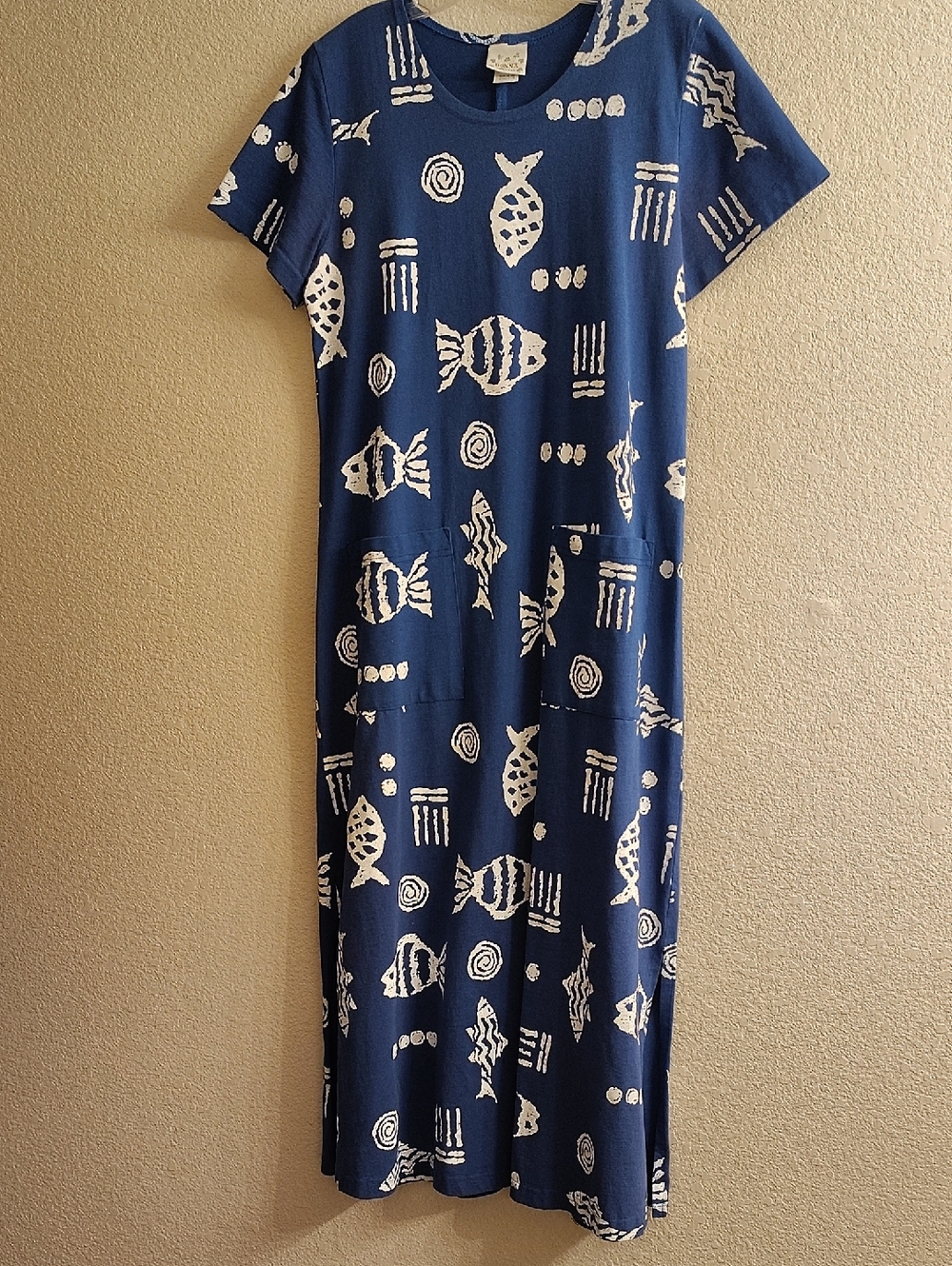 Vintage Donna Made USA Women's Sz M Blue White Fish Maxi Pockets dress A13 X P